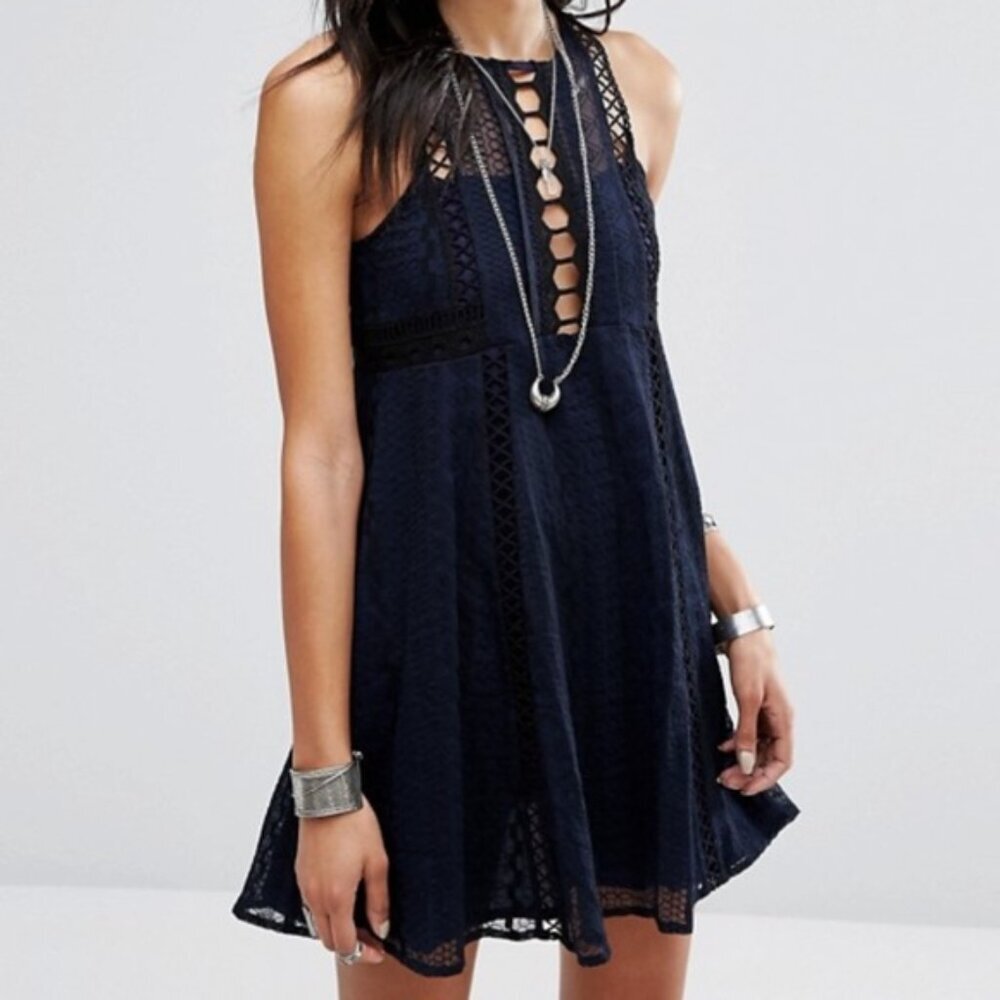 Free People Wherever You Go navy blue dress lace fit flare cut-out shift 8